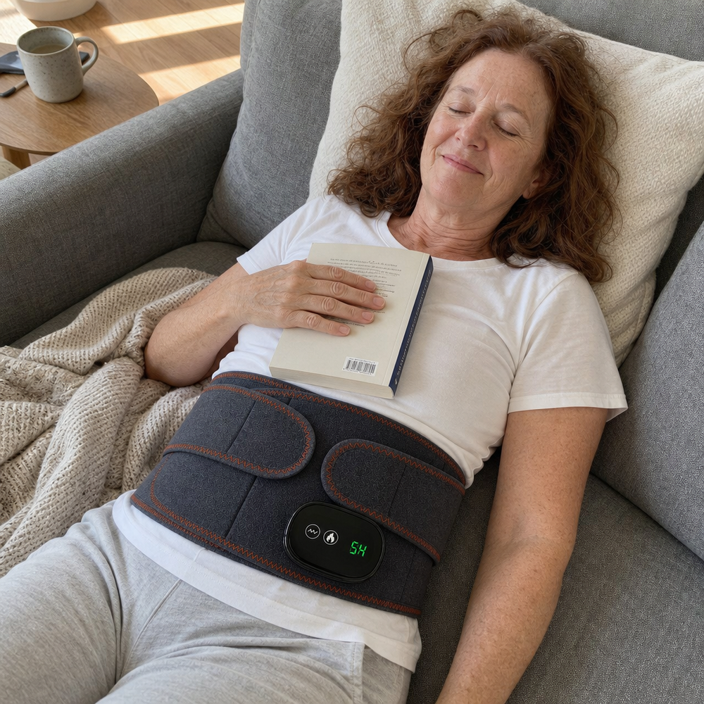 Woman wearing the OrthoHeat belt while sitting at home
