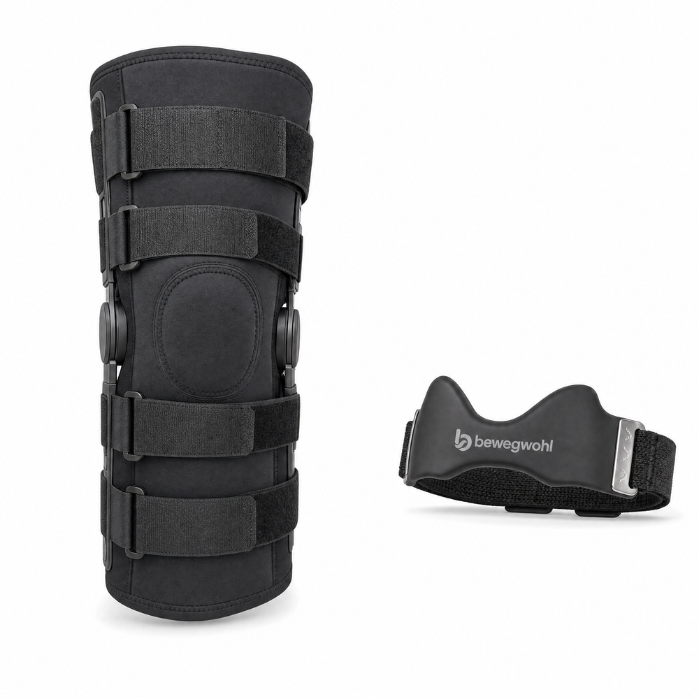 Close view of NorthPlus knee straps positioned directly below the kneecaps